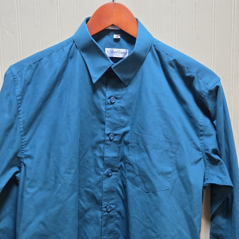 Berlioni Italy Dress Shirt Mens 18 Blue‎ Solid Long Sleeve Button Front Pocket